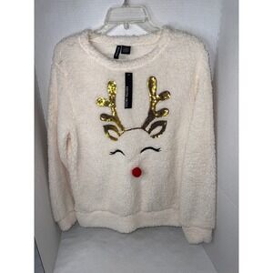 Kristin Nicole Womens Cream Reindeer Faux Sherpa Sweater Sequin Antlers M NEW